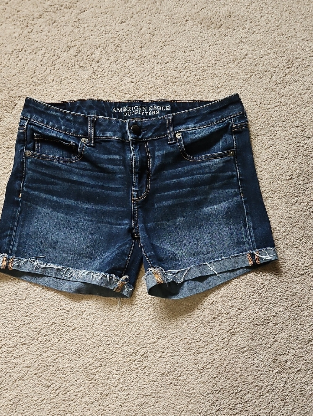 American Eagle Outfitters Dark Blue Frayed Hem Denim Shorts